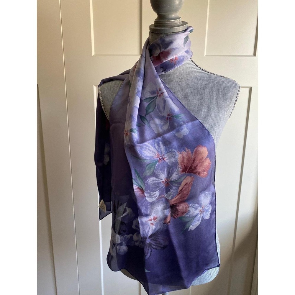 Silk Scarf Unbranded Floral Purple Wrap 17" x 60" Artisan Art To Wear
